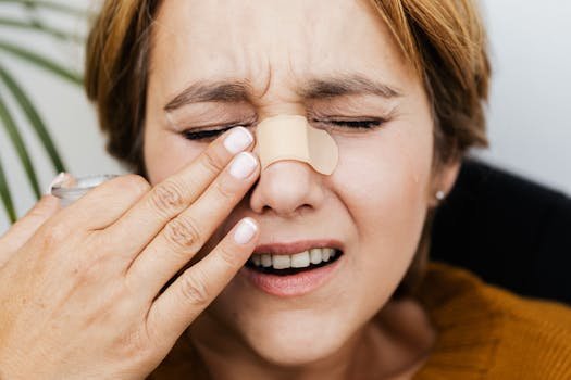 Close-up of a woman with a band aid on her nose, showing pain and discomfort.